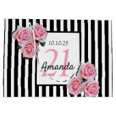 21歳の誕生日ピンクフローラ白黒ストライプ ラージペーパーバッグ (裏面)