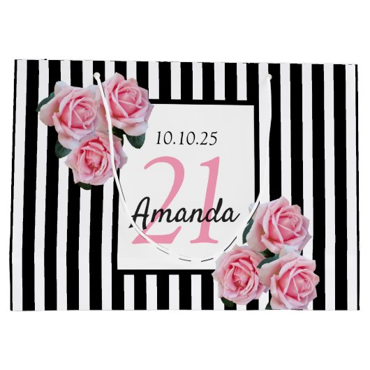21歳の誕生日ピンクフローラ白黒ストライプ ラージペーパーバッグ (裏面)