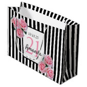 21歳の誕生日ピンクフローラ白黒ストライプ ラージペーパーバッグ (正面アングル)
