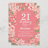 21歳の誕生日ピンクボホ植物花フローラ 招待状 (正面/裏面)
