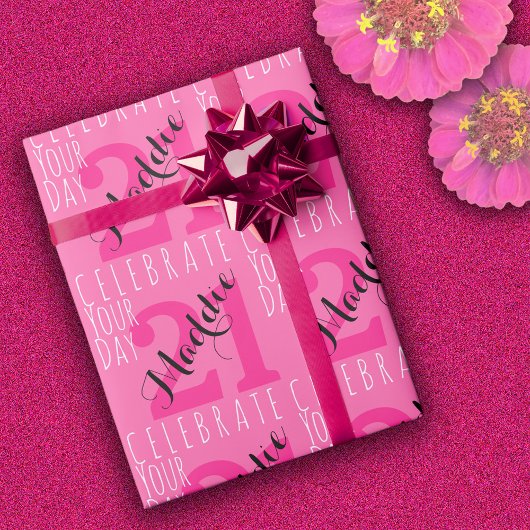 21歳の誕生日ピンクモダンタイポグラフィ ラッピングペーパー
