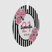 21歳の誕生日ピンクローズ白黒ストライプ オーナメント (正面)