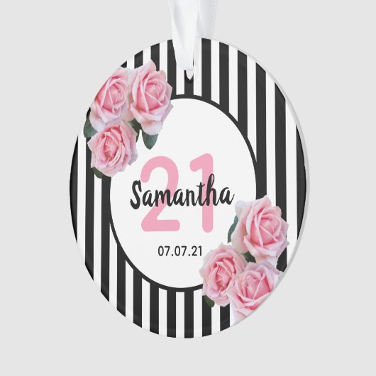 21歳の誕生日ピンクローズ白黒ストライプ オーナメント (正面)