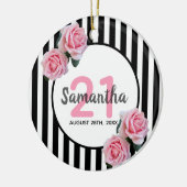 21歳の誕生日ピンクローズ白黒ストライプ セラミックオーナメント (左)