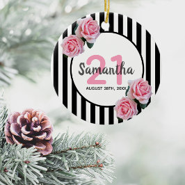 21歳の誕生日ピンクローズ白黒ストライプ セラミックオーナメント