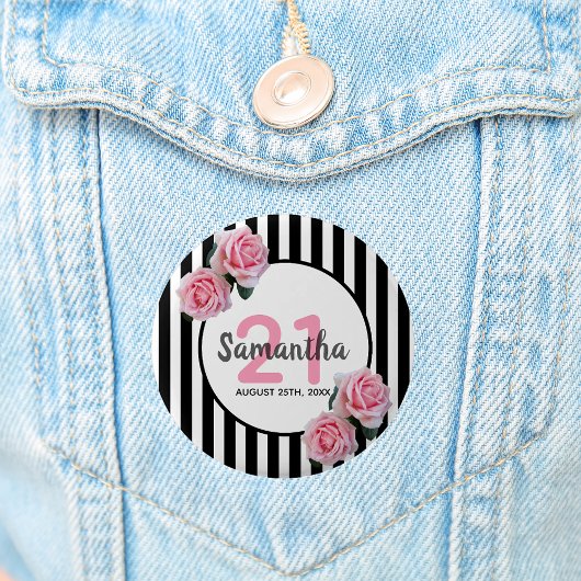 21歳の誕生日ピンクローズ白黒ストライプ 缶バッジ