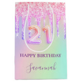 21歳の誕生日ピンク紫のグリッタードリップグラマラス ミディアムペーパーバッグ (正面)