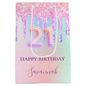 21歳の誕生日ピンク紫のグリッタードリップグラマラス ミディアムペーパーバッグ (裏面)