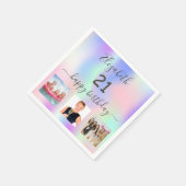 21歳の誕生日ピンク紫のホログラフィックフォト スタンダードカクテルナプキン (角)