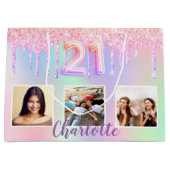 21歳の誕生日ピンク紫ドリップフォトホログラフィック ラージペーパーバッグ (正面)
