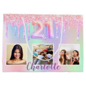 21歳の誕生日ピンク紫ドリップフォトホログラフィック ラージペーパーバッグ (裏面)
