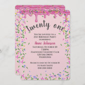21歳の誕生日ピンク色のアイシングと散水 招待状 (正面/裏面)