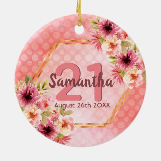 21歳の誕生日ピンク花模様金ゴールド幾何学名 セラミックオーナメント (裏面)