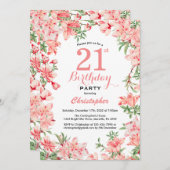 21歳の誕生日ピンク・ボホの植物フローラの花 招待状 (正面/裏面)