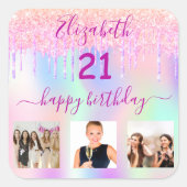 21歳の誕生日フォトグリッターレインボーホログラフィック スクエアシール (正面)
