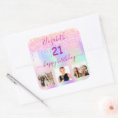 21歳の誕生日フォトグリッターレインボーホログラフィック スクエアシール (封筒)