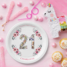 21歳の誕生日フォトコラージピンクフラワーガールホワイト ペーパープレート