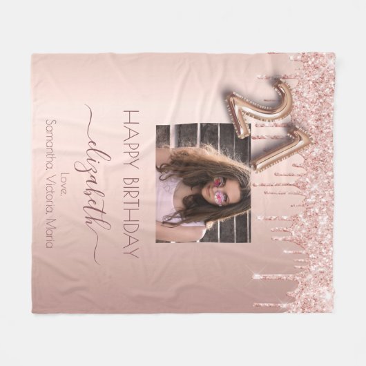 21歳の誕生日フォトバラ金ゴールドグリッターピンクの友人 フリースブランケット (正面(横))