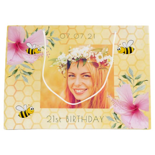 21歳の誕生日フォトバンブルハチのハチの巣 ラージペーパーバッグ (正面)