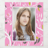 21歳の誕生日フォトピンクの植物模様 ワインラベル (シングルラベル)