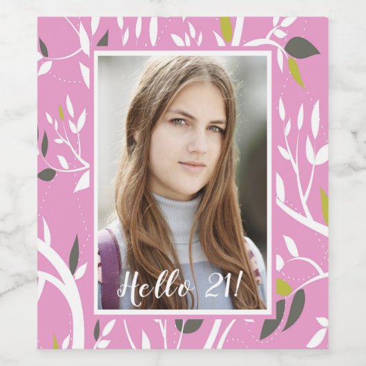21歳の誕生日フォトピンクの植物模様 ワインラベル (シングルラベル)