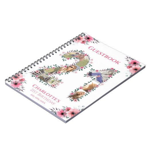 21歳の誕生日フォトピンクフラワーホワイトゲストブック ノートブック (左側)