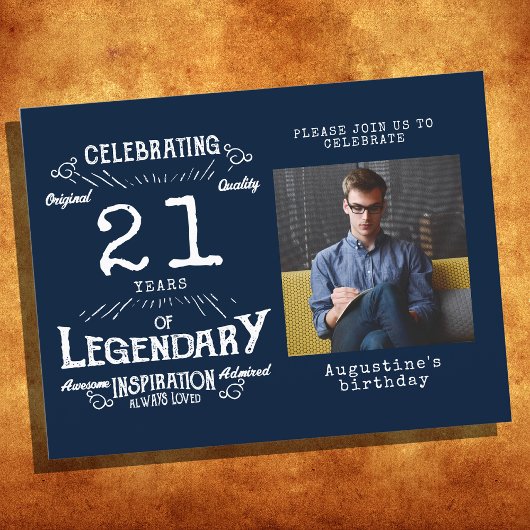 21歳の誕生日フォトブルーヴィンテージ誕生日招待状 ポストカード