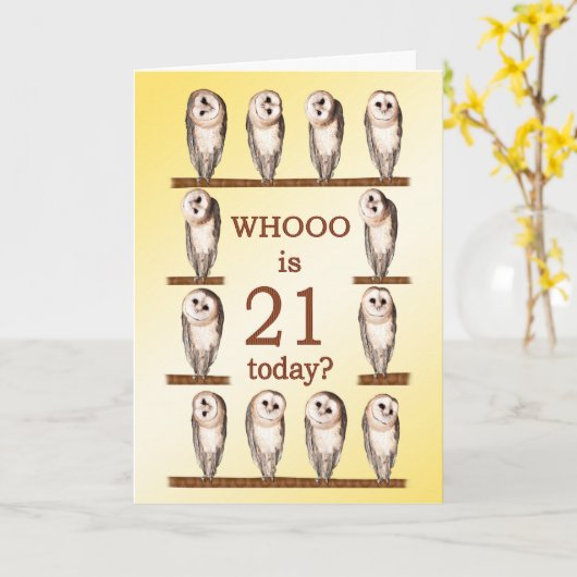 21歳の誕生日フクロウ カード (黄色い花)