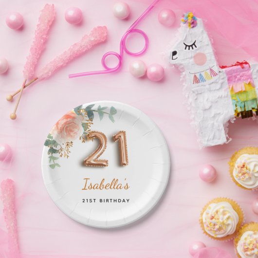 21歳の誕生日フローラバラ金ゴールドユーカリプトゥスモノグラム ペーパープレート (パーティー)