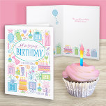 21歳の誕生日ブライトパステルアイコンカード カード<br><div class="desc">21歳の誕生日フェミニンのための明るいパステルのカードは、彼女のために関連するすべての誕生日とパーティーのフル。ケーキ、プレゼント、風船、花、パーティー帽子がカードを満たし、カードの内側縁どの底を型枠する。</div>