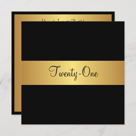 21歳の誕生日ブラックとイエロー金ゴールド 招待状 (正面/裏面)