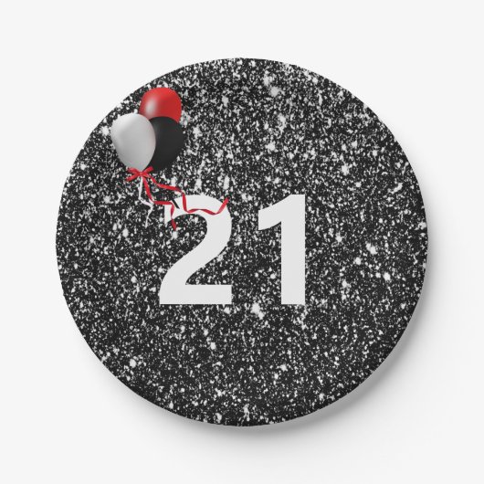 21歳の誕生日ブラックグリッターとバルーン ペーパープレート (正面)
