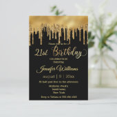 21歳の誕生日ブラックゴールデン滴下グリッターシック 招待状 (スタンド正面)