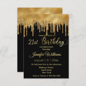 21歳の誕生日ブラックゴールデン滴下グリッターシック 招待状 (正面/裏面)