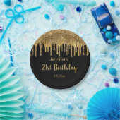 21歳の誕生日ブラックゴールデン滴下グリッター ペーパープレート (パーティー)