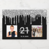 21歳の誕生日ブラックシルバーグリッタードリップス写真 スパークリングワインラベル (シングルラベル)