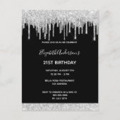 21歳の誕生日ブラックシルバーグリッタードリップ招待 ポストカード (正面)
