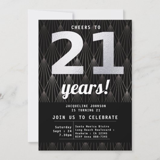 21歳の誕生日ブラックシルバーパーティー 招待状 (正面)
