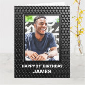 21歳の誕生日ブラックジオメトリックパターンカスタム写真 カード (黄色い花)