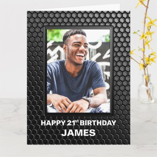 21歳の誕生日ブラックジオメトリックパターンカスタム写真 カード (黄色い花)