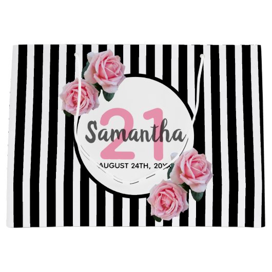 21歳の誕生日ブラックストライプローズピンクのバラ名 ラージペーパーバッグ (正面)