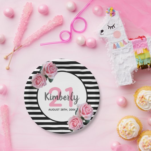 21歳の誕生日ブラックストライプ花模様ピンククラシック ペーパープレート (パーティー)