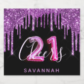 21歳の誕生日ブラックパープルグリッターグラム応援 スパークリングワインラベル (シングルラベル)