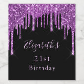 21歳の誕生日ブラックパープルグリッタードリップピンク釉薬 ワインラベル (シングルラベル)