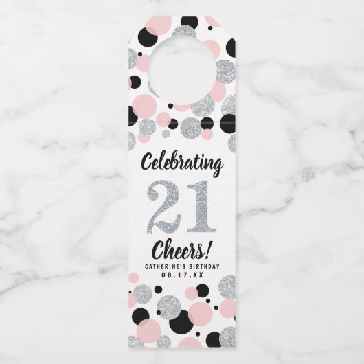 21歳の誕生日ブラックピンクシルバーグリッター紙吹雪 ボトルネックタグ (正面)