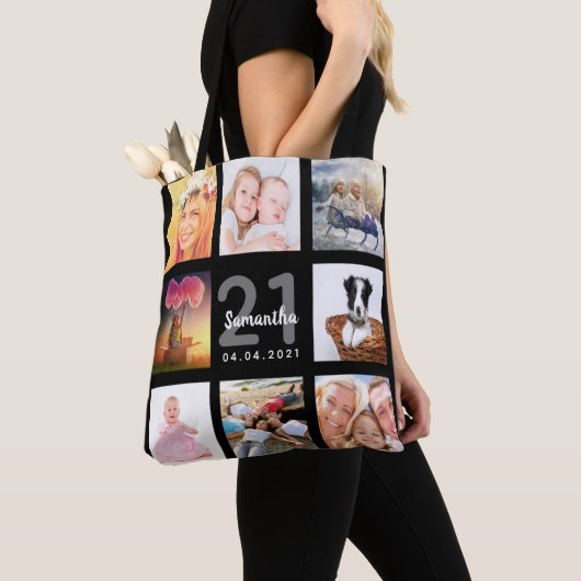 21歳の誕生日ブラックフォトコラージュ名 トートバッグ (クローズアップ)