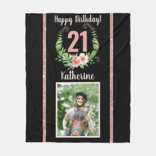 21歳の誕生日ブラックフローラ名 フリースブランケット