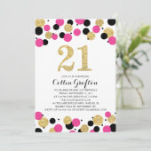 21歳の誕生日ブラックホットピンク金ゴールドグリッター紙吹雪 招待状 (スタンド正面)