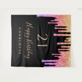 21歳の誕生日ブラックレインボーグリッターピンクパープル タペストリー (正面(横))