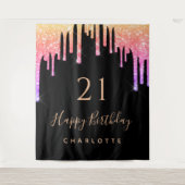 21歳の誕生日ブラックレインボーグリッターピンクパープル タペストリー (正面)